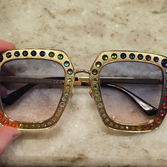 GUCCI HOLLYWOOD FOREVER OVERSIZED SQUARE RAINBOW EMBELLISHED CRYSTAL SUNGLASSES - Picture 1 of 12